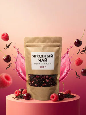 Обложка: пакет ягодного чая на малиновом подиуме со всплеском, малиной и вишней